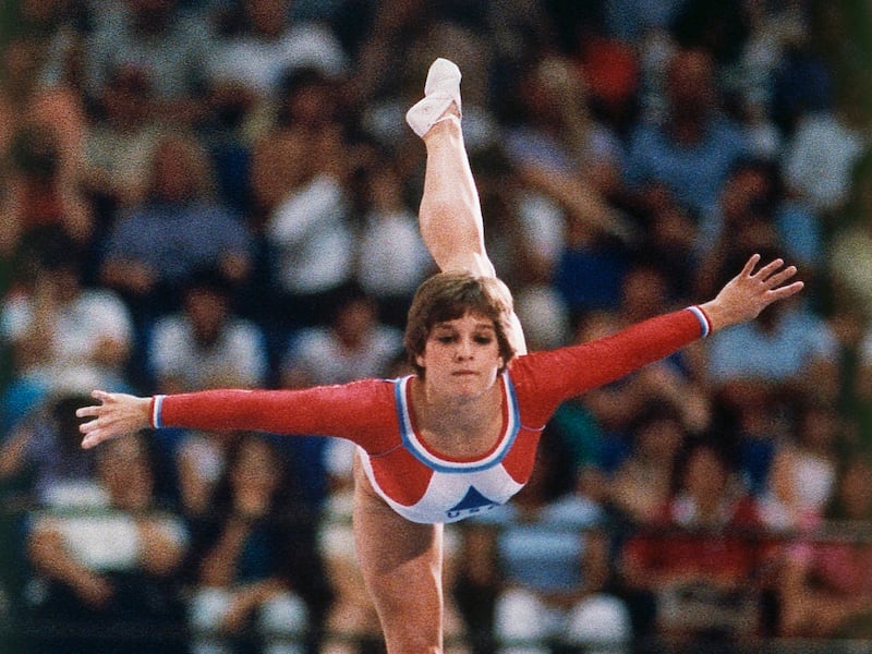 Mary Lou Retton performs on the beam at the 1984 L.A. Olympics on July 31, 1984.