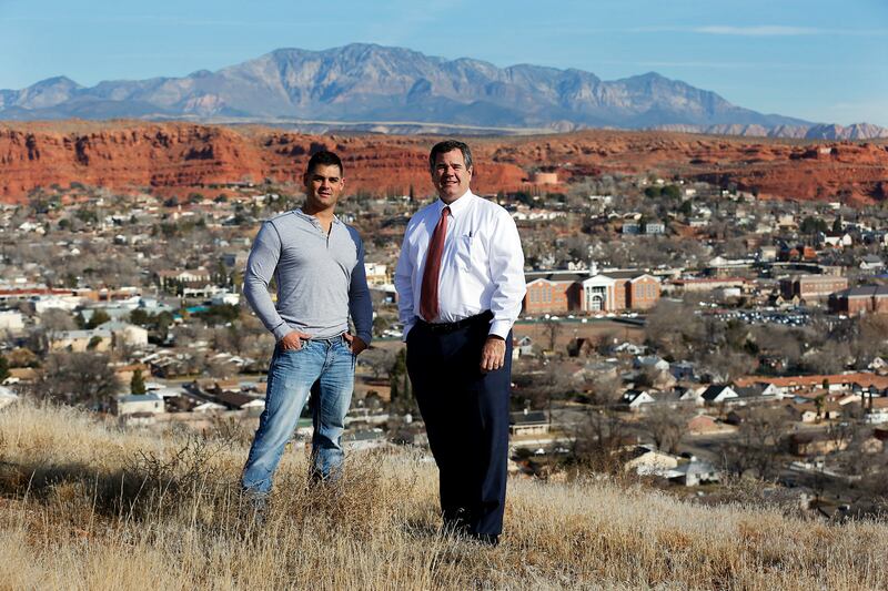 St. George Mayor Jon Pike, right, and Ryan Wedig pose for a photo on Tech Ridge in St. George on Wednesday, Jan. 17, 2018.