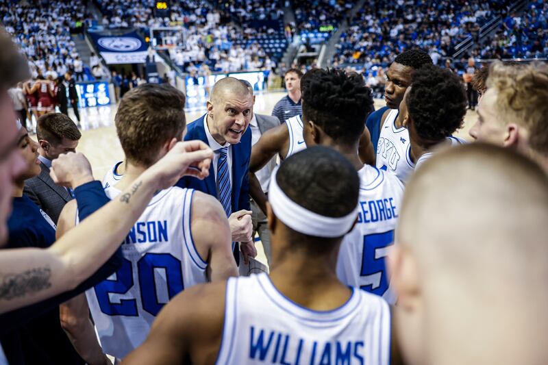 BYU coach Mark Pope coaches his team during the Cougars loss to Santa Clara Thursday, Feb. 16, 2023.