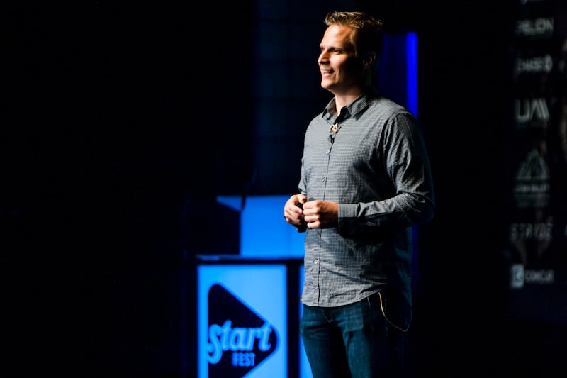 Dave Bateman, CEO of Entrata, speaks during StartFEST at the Covey Center for the Arts in Provo.