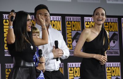 Salma Hayek, from left, Lia McHugh, Don Lee and Angelina Jolie participate in the Marvel Studios panel on day 3 of Comic-Con International on Saturday, July 20, 2019, in San Diego.