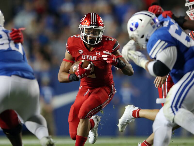 Utah Utes running back Micah Bernard finds an opening during game against BYU at LaVell Edwards Stadium Sept. 11, 2021.