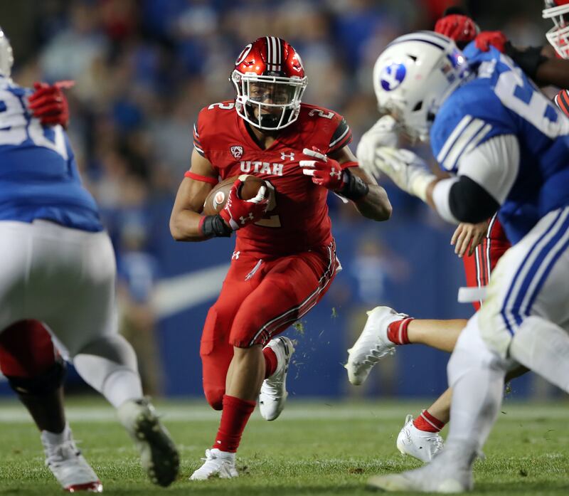 Utah Utes running back Micah Bernard finds an opening during game against BYU at LaVell Edwards Stadium Sept. 11, 2021.