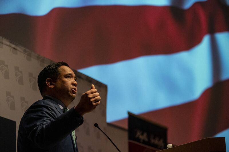 Utah Attorney General Sean Reyes speaks during Utah Eagle Forum’s annual convention in Sandy.