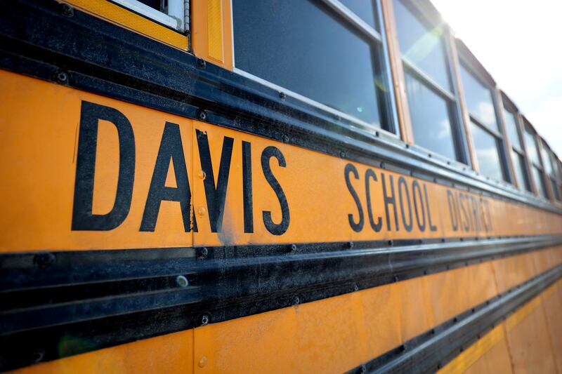 A Davis School District bus is pictured outside of the Capitol in Salt Lake City, on Feb. 7, 2023.