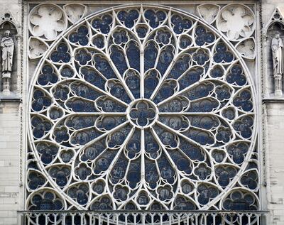 One of the iconic stained glass windows of the Notre Dame Cathedral in Paris, Wednesday, April 17, 2019. Nearly $1 billion has already poured in from ordinary worshippers and high-powered magnates around the world to restore Notre Dame Cathedral in Paris