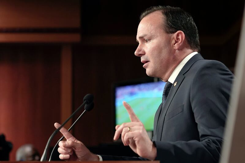 Sen. Mike Lee, R-Utah, speaks during a news conference on spending, Wednesday, Dec. 14, 2022, on Capitol Hill in Washington.