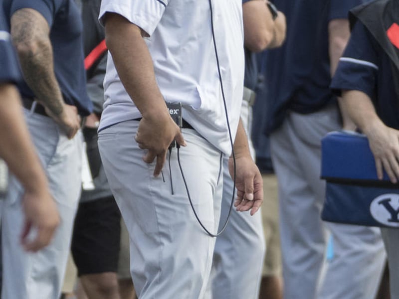 BYU head coach Kalani Sitake looks up at the scoreboard during game against Hawaii, Saturday, Nov. 25, 2017, in Honolulu.