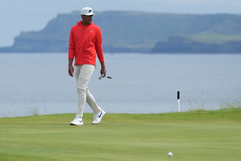 Tony Finau of the United States walks the fifth green during the second round of the British Open at the Royal Portrush Golf Club, Northern Ireland, Friday, July 18, 2025.