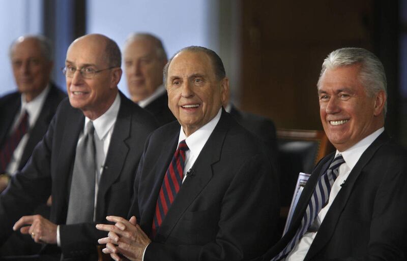 President Thomas S. Monson (center) President Henry B. Eyring (left) and President Dieter F. Uchtdorf (right) in Salt Lake City, Utah, Feb. 04, 2008.