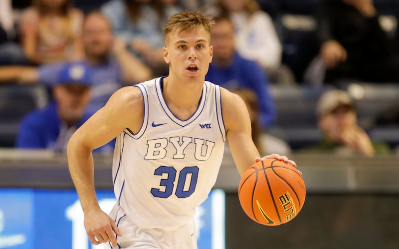 BYU’s Dallin Hall dribbles the ball while playing the Nicholls State Colonels at the Marriott Center in Provo, Nov. 19, 2022.