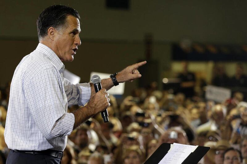 Republican presidential candidate and former Massachusetts Gov. Mitt Romney campaigns at a rally at Darwin Fuchs Pavilion in Miami, Wednesday, Sept. 19, 2012.