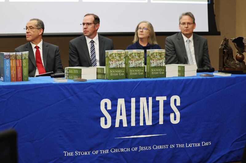 Elder Hugo E. Martinez, a General Authority Seventy, sits with editors at a press conference about the publication of the final volume of "Saints," held at the Church History Department in Salt Lake City, Utah, on Tuesday, Oct. 29, 2024.