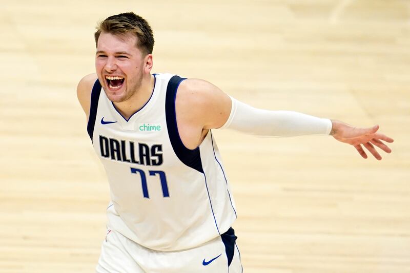 Dallas Mavericks guard Luka Doncic celebrates a win over the Los Angeles Clippers on Tuesday, May 25, 2021, in Los Angeles.
