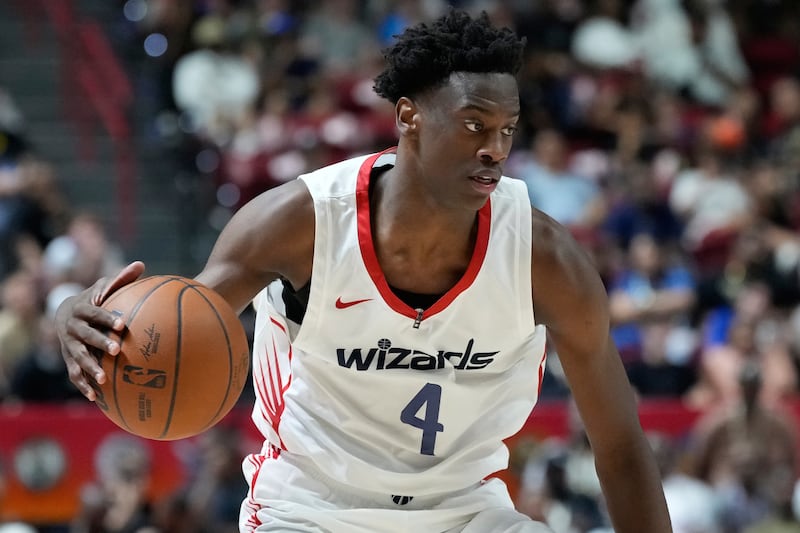 Washington Wizards' AJ Dybantsa plays against the Utah Jazz during Summer League game Thursday, July 9, 2026, in Las Vegas.