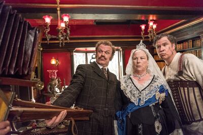 Watson (John C. Reilly), Queen Victoria (Pam Ferris) and Sherlock Holmes (Will Ferrell) in Columbia Pictures' "Holmes & Watson."