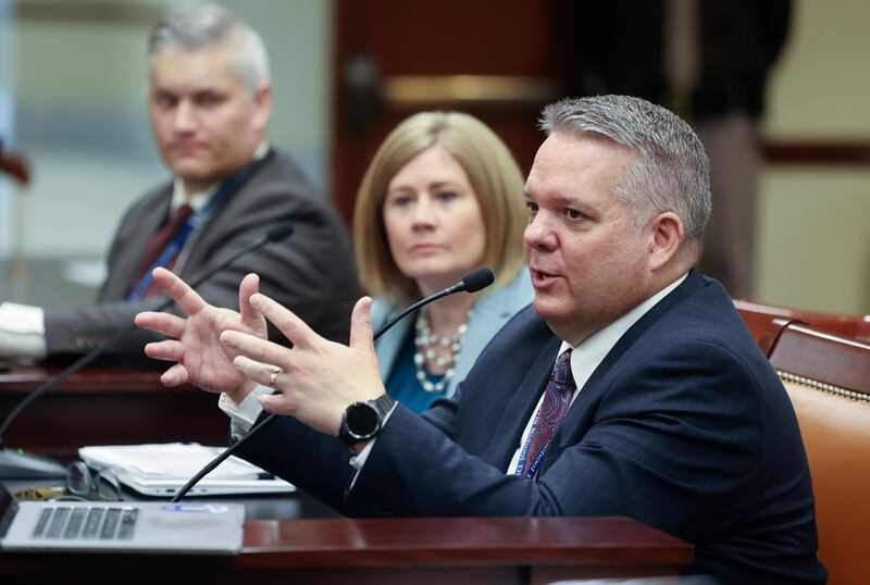 Davis School District Superintendent Dan Linford speaks at the House Building in Salt Lake City.