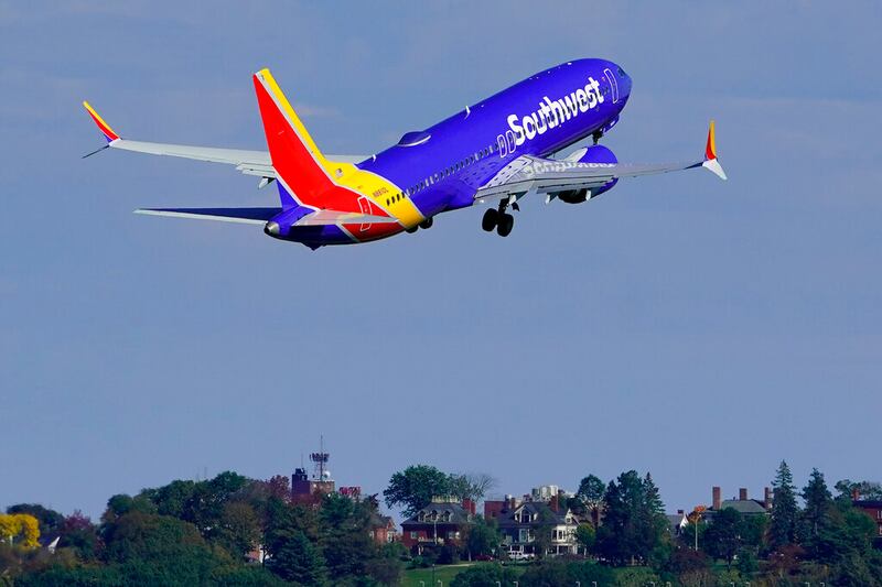 A Southwest Airlines flight takes off.