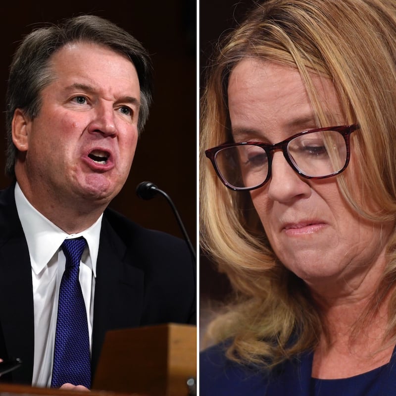 (Left) Supreme Court nominee Brett Kavanaugh testifies before the Senate Judiciary Committee on Capitol Hill in Washington, Thursday, Sept. 27, 2018. (Right) Christine Blasey Ford testifies to the Senate Judiciary Committee on Capitol Hill in Washington,