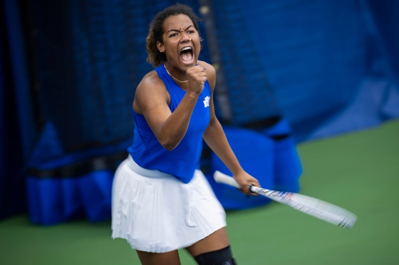 BYU's Gracie Levelston reacts after a made point during match Oct. 11, 2025.