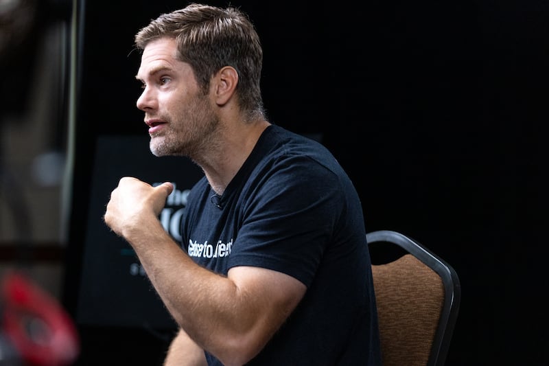 Dallas Jenkins, creator, producer, writer and director of “The Chosen,” talks to the media in Midlothian, Texas, on Aug. 15, 2022.