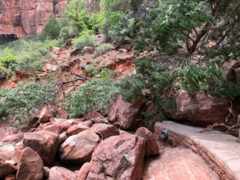 Kayenta Trail in Zion National Park remains closed due to damage from a severe thunderstorm on July 11, 2018.