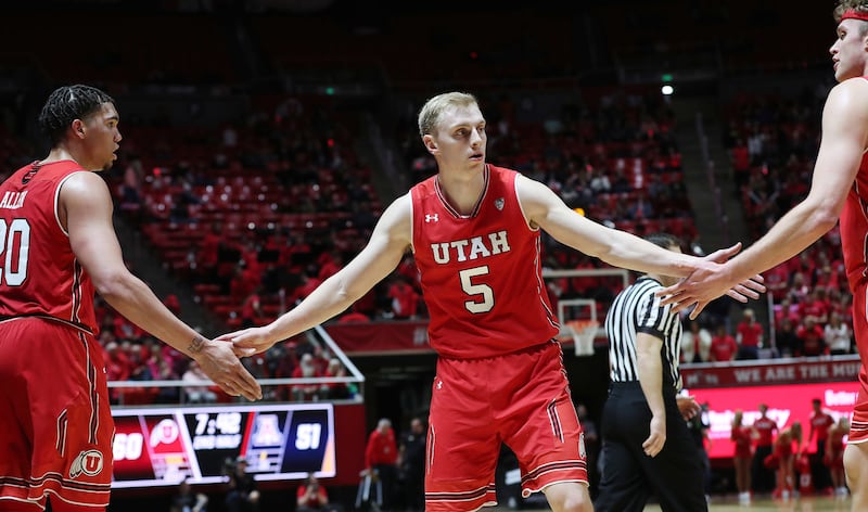 Utah Utes guard Parker Van Dyke (5) celebrates one of his 3-pointers in Salt Lake City on Thursday, Feb. 14, 2019.