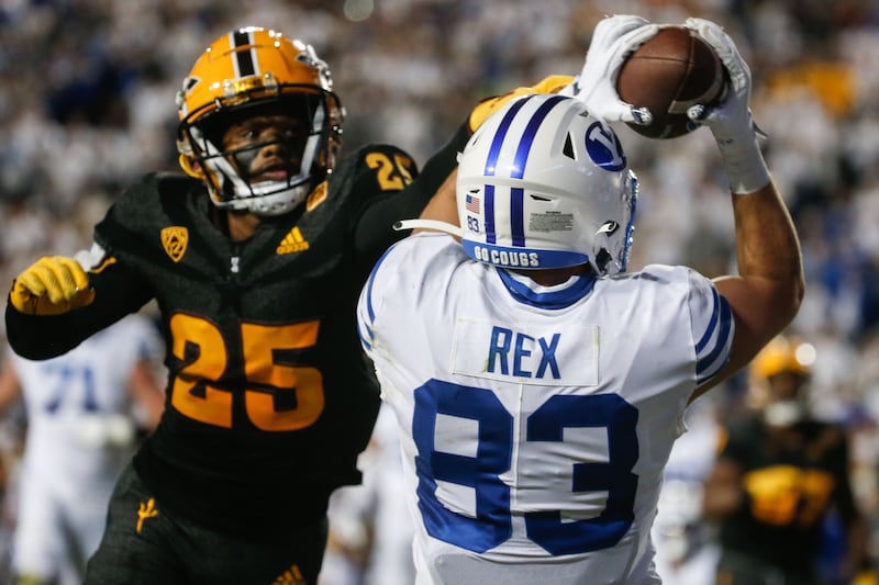 BYU’s Isaac Rex catches a TD pass during a game against Arizona State at LaVell Edwards Stadium in Provo, Sept. 18, 2021.