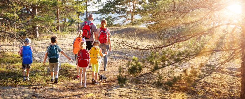 A family of seven hikes through nature toward a lake.