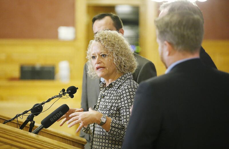 FILE — Salt Lake City Mayor Jackie Biskupski speaks during a press conference at the City County Building in Salt Lake City on Friday, Sept. 30, 2016.
