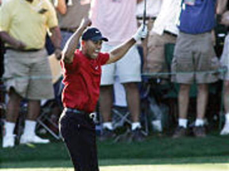 Tiger Woods rejoices after his chip-in birdie on 16th hole during the final round of the Masters. His sponsor, Nike, could benefit greatly from The Shot.