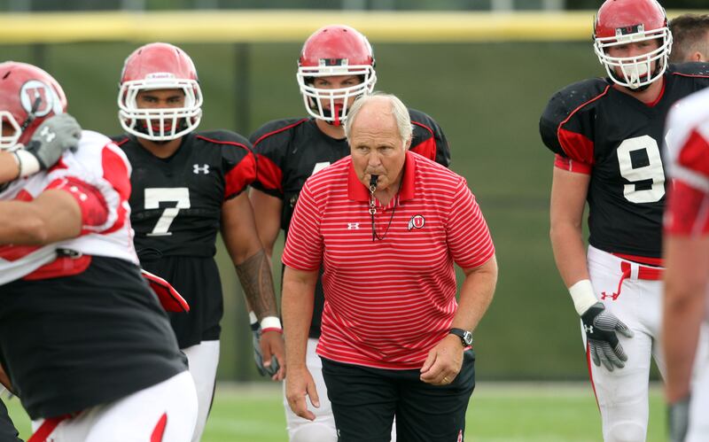 Utah defensive line coach John Pease watches players execute drills during a practice at the University of Utah, Aug. 19, 2010.