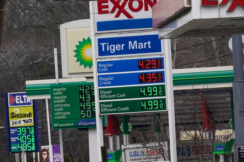 High gas prices are displayed at gas stations in Englewood, N.J., Monday, March 7, 2022.