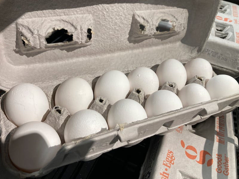 Eggs are displayed at a grocery store.