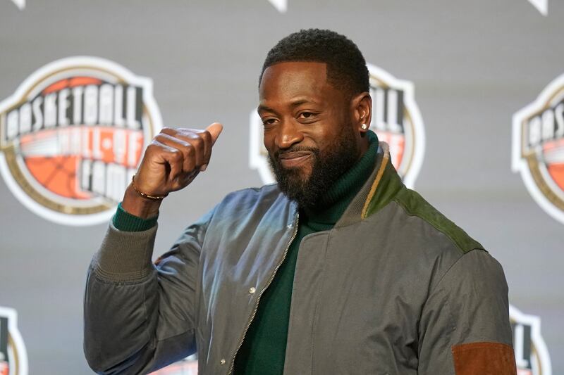 Dwyane Wade speaks during a news conference at the start of the All-Star Weekend, Friday, Feb. 17, 2023, in Salt Lake City. Pau Gasol, Dirk Nowitzki, Tony Parker and Wade are among the players announced as finalists for enshrinement in the 2023 class that’ll be going into the Basketball Hall of Fame this summer.