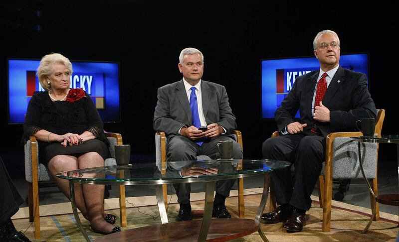 Republican gubernatorial candidates from left, Bobbie Holsclaw, Phil Moffett and David Williams prepare for a debate at the Kentucky Educational Television studios in Lexington, Ky., Monday, May 9, 2011.