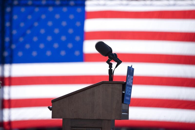 Presidential speaker podium for Barack Obama at early vote for change rally October 29, 2008, at Halifax Mall Government Complex in Raleigh, N.C.