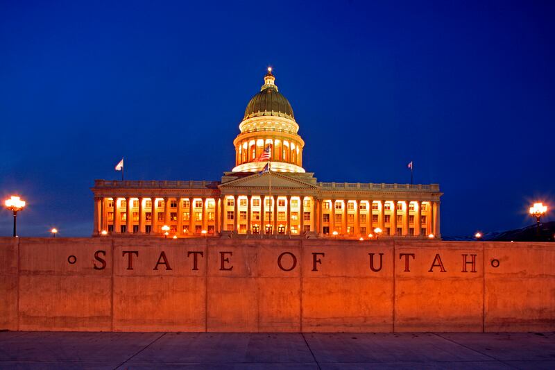 This is an evening view of the Utah State Capitol Building with the new lighting system on. The Capitol Building is now back in service after an extensive four-year reconstruction and renovation.