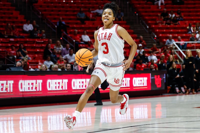 Utah guard Lani White drives to the basket during the Utes’ 96-44 win over Colorado State-Pueblo in exhibition play at the Huntsman Center in Salt Lake City on Wednesday, Oct. 18, 2023.