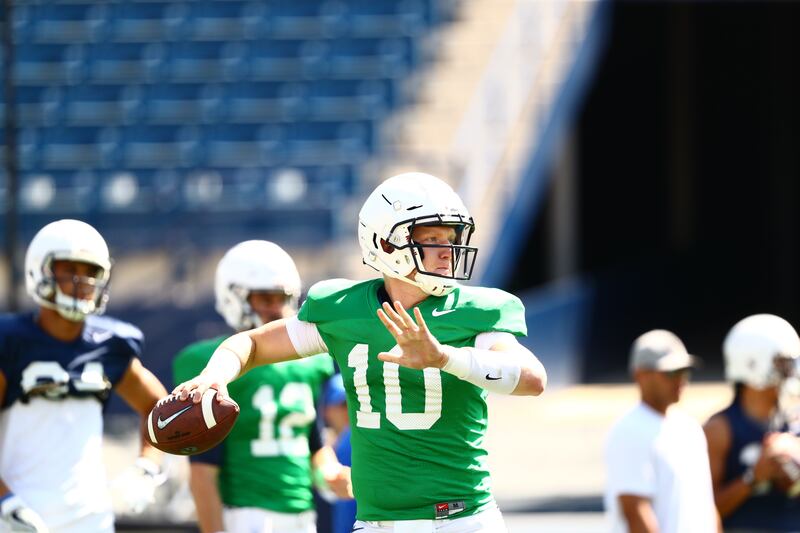 Quarterback Joe Critchlow looks to throw during BYU scrimmage Thursday, Aug. 16, 2018, at LaVell Edwards Stadium.