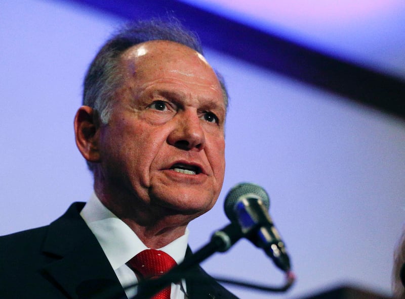 Former Alabama Chief Justice and U.S. Senate candidate Roy Moore speaks at a news conference, Thursday, Nov. 16, 2017, in Birmingham, Ala. (AP Photo/Brynn Anderson)