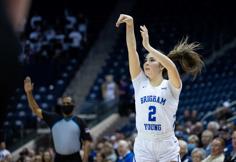 BYU’s Shaylee Gonzales gets off a shot during game against LMU on Feb. 17, 2022. Gonzales was named WCC Player of the Year on Wednesday.