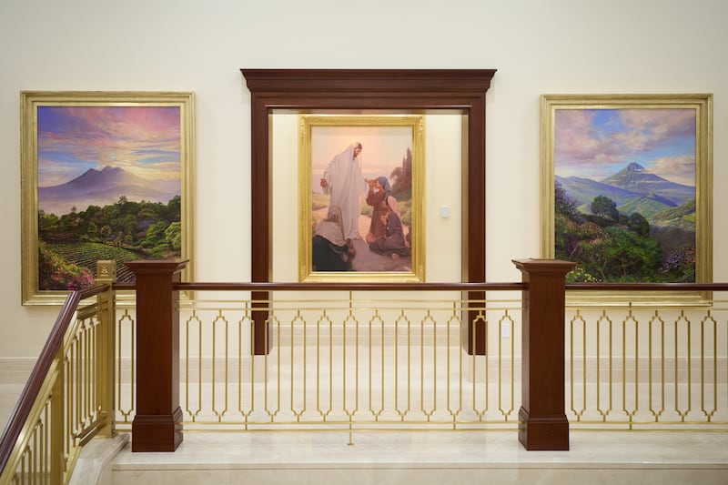 A painting of the Savior inside a hallway of the Miraflores Guatemala City Guatemala Temple.
