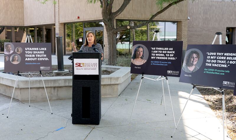 Salt Lake County Mayor Jenny Wilson speaks in front of the Salt Lake County Government Center in Salt Lake City on Tuesday, Sept. 14, 2021.