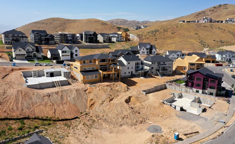 Single-family homes under construction in the Lakeview Estates community in Lehi.