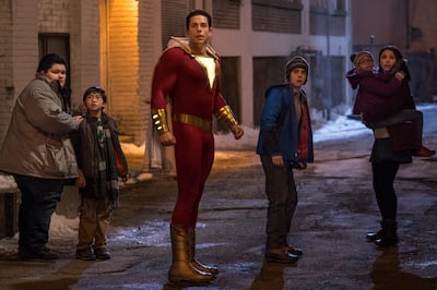 Jovan Armand as Pedro Pena, Ian Chen as Eugene Choi, Zachary Levi as Shazam, Jack Dylan Grazer as Freddy Freeman, Faithe Herman as Darla Dudley and Grace Fulton as Mary Bromfield in New Line Cinema’s action adventure “Shazam!,” a Warner Bros. Pictures rel