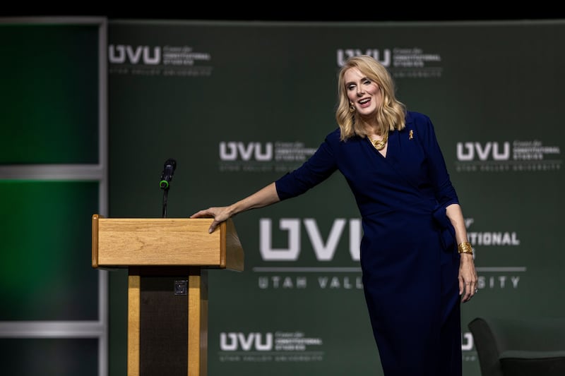 Sharon McMahon speaks at Utah Valley University in Orem, Utah.