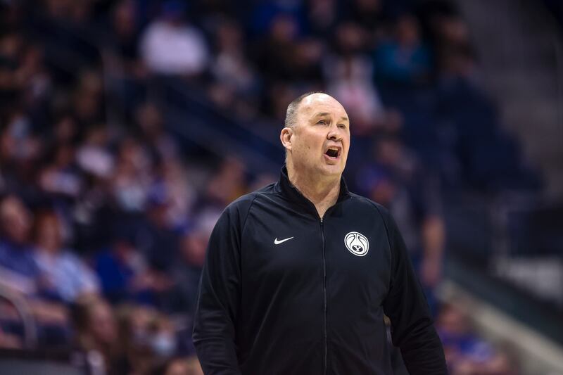 BYU Cougars women’s basketball coach Jeff Judkins yells during a game against Gonzaga Bulldogs in Provo.