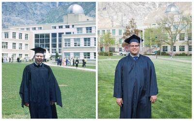 With the help of Google Street View, Taylor Dahl, a recent BYU graduate, traveled Europe recreating photos that his grandpa took over 67 years ago. This photo of both Dahl and his grandpa is his favorite recreation of the project.