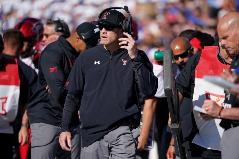 Texas Tech head coach Matt Wells during an NCAA college football game against Kansas, Oct. 16, 2021, in Lawrence, Kan.